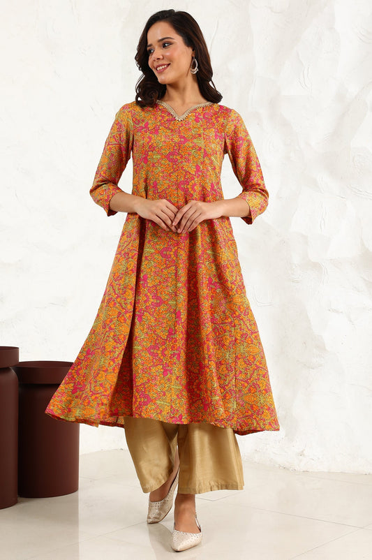 W for Woman Taupe Floral Printed Anarkali Festive Shantung Kurta