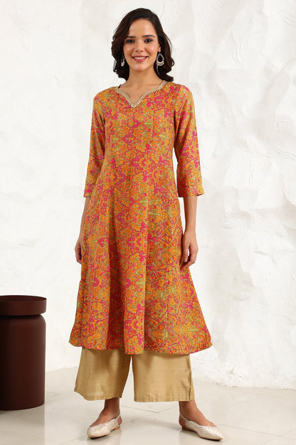 W for Woman Taupe Floral Printed Anarkali Festive Shantung Kurta