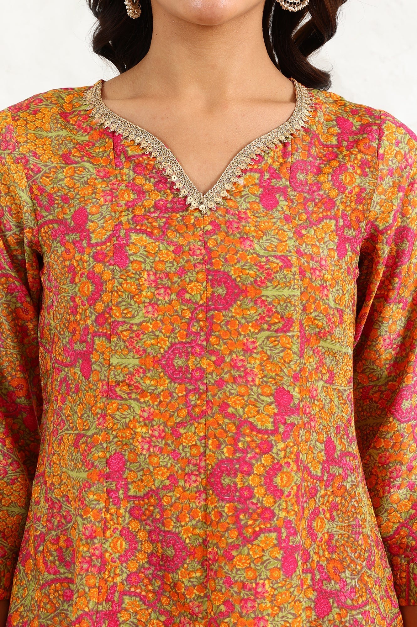 W for Woman Taupe Floral Printed Anarkali Festive Shantung Kurta