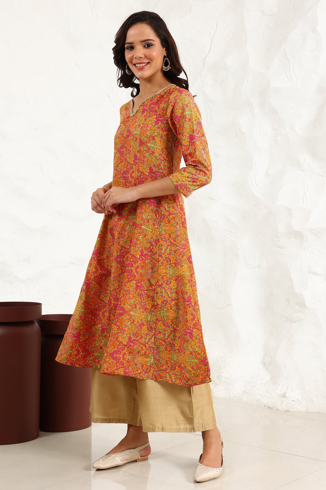 W for Woman Taupe Floral Printed Anarkali Festive Shantung Kurta