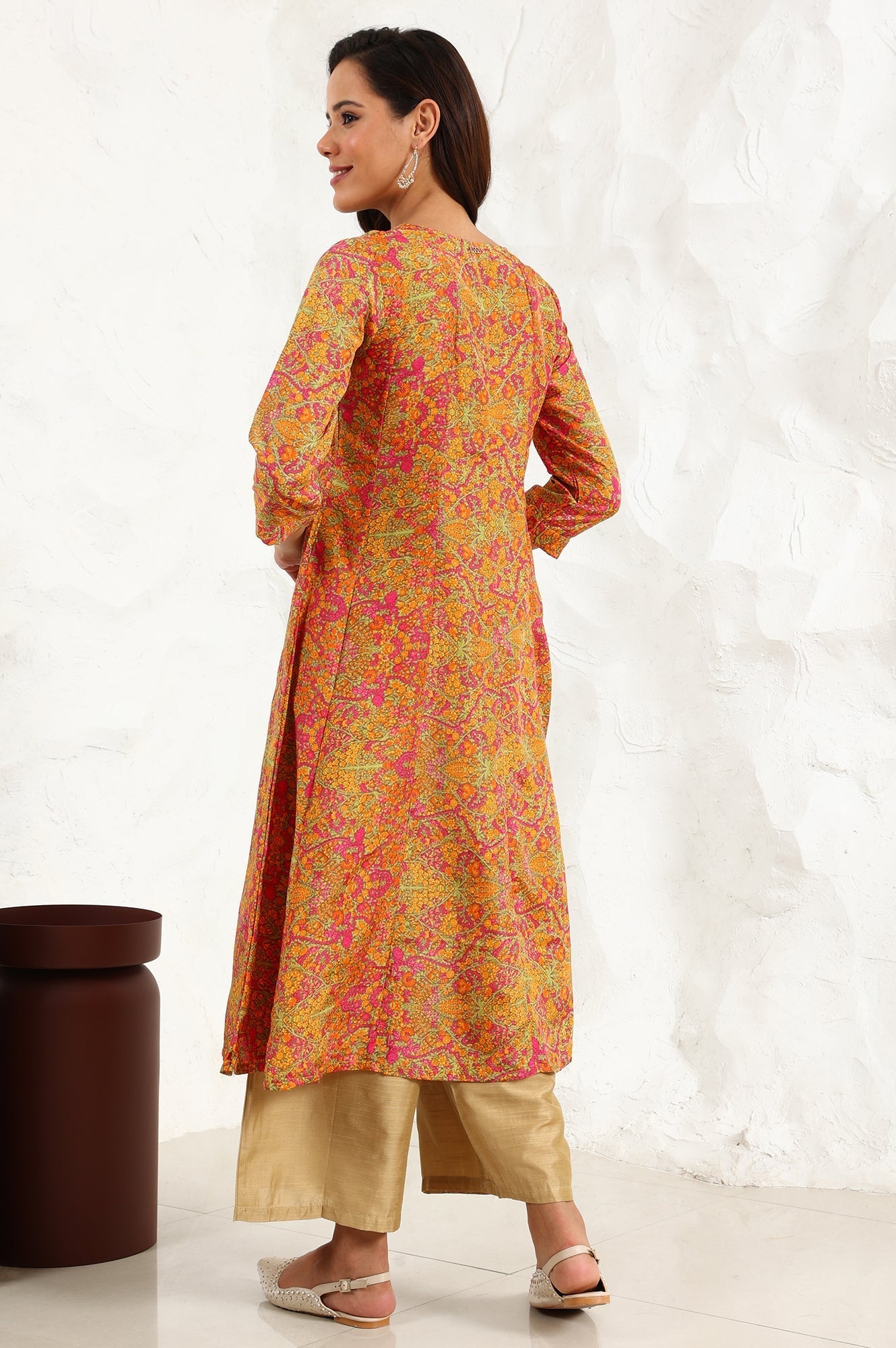 W for Woman Taupe Floral Printed Anarkali Festive Shantung Kurta