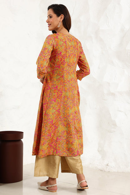 W for Woman Taupe Floral Printed Anarkali Festive Shantung Kurta