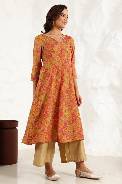 W for Woman Taupe Floral Printed Anarkali Festive Shantung Kurta