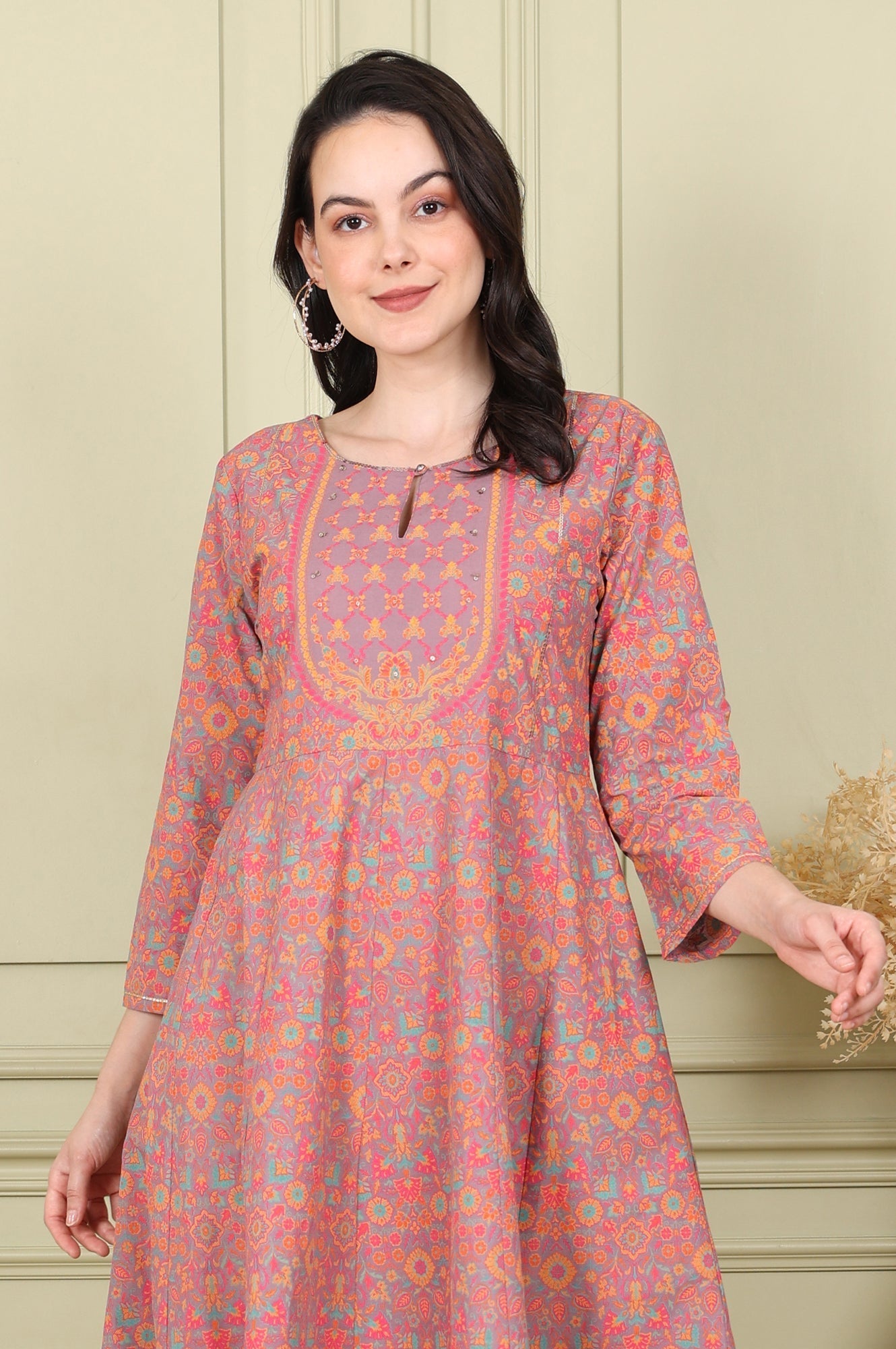 W for Woman Magenta Floral Printed Pure Cotton Flared Kurta With Sequin Detail