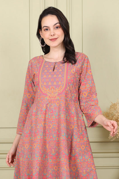 W for Woman Magenta Floral Printed Pure Cotton Flared Kurta With Sequin Detail