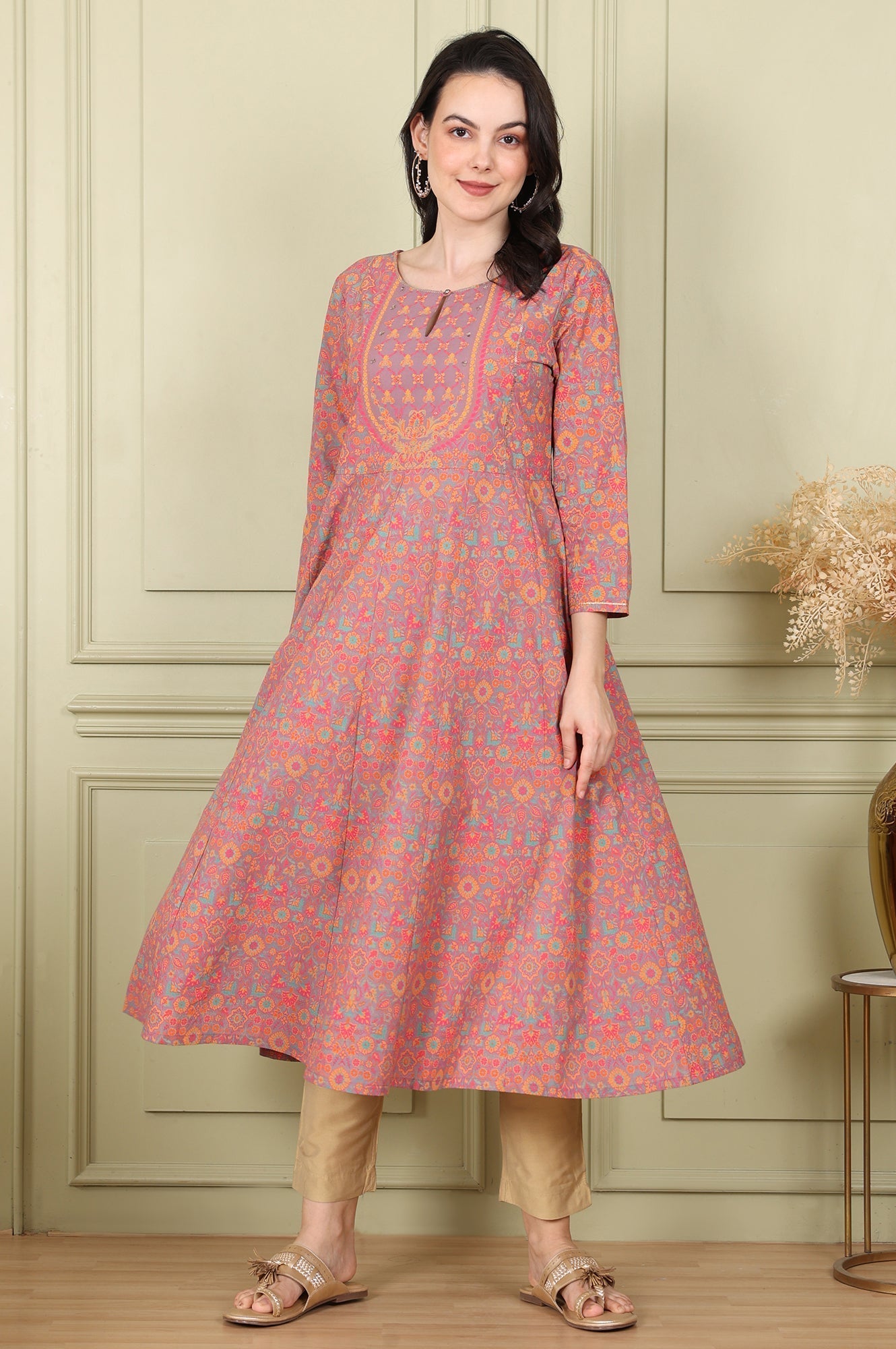 W for Woman Magenta Floral Printed Pure Cotton Flared Kurta With Sequin Detail