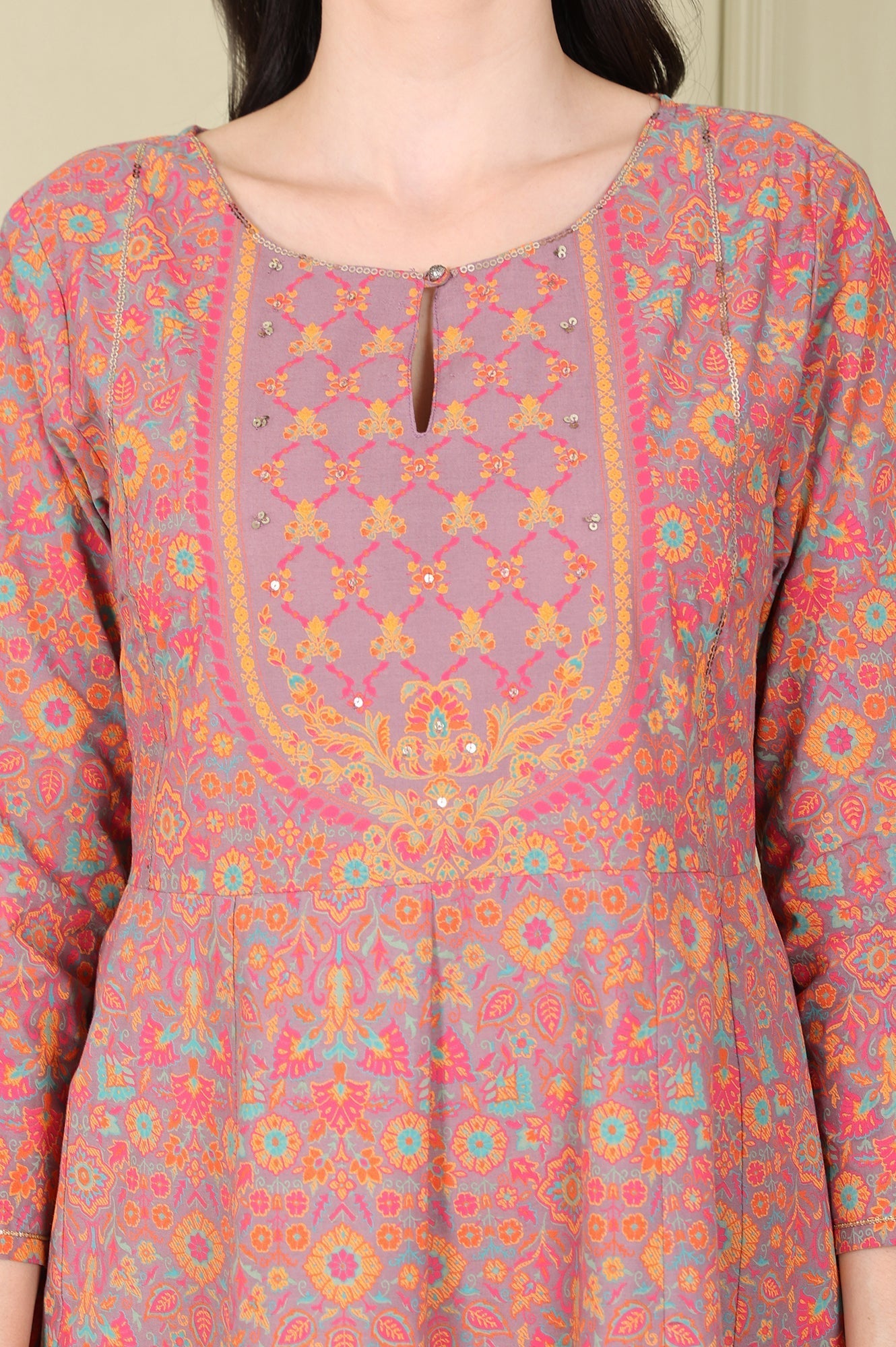 W for Woman Magenta Floral Printed Pure Cotton Flared Kurta With Sequin Detail