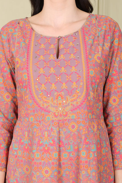 W for Woman Magenta Floral Printed Pure Cotton Flared Kurta With Sequin Detail