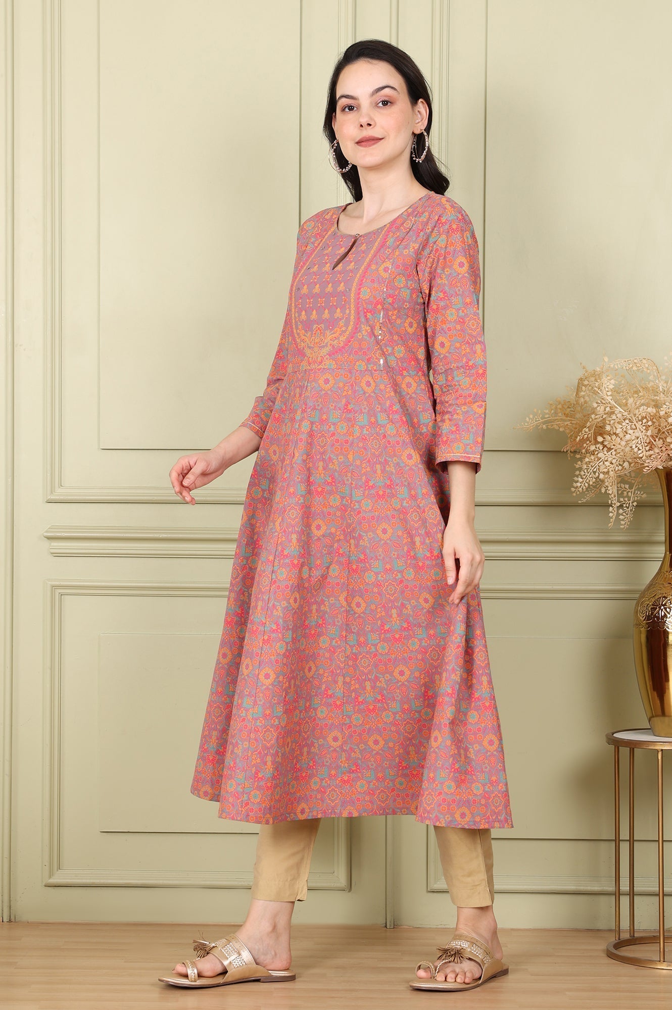W for Woman Magenta Floral Printed Pure Cotton Flared Kurta With Sequin Detail