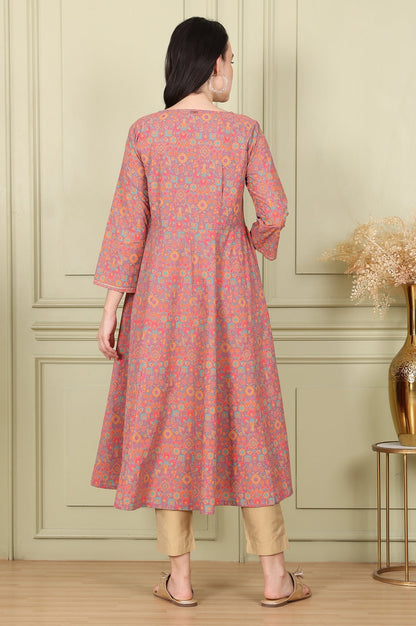 W for Woman Magenta Floral Printed Pure Cotton Flared Kurta With Sequin Detail