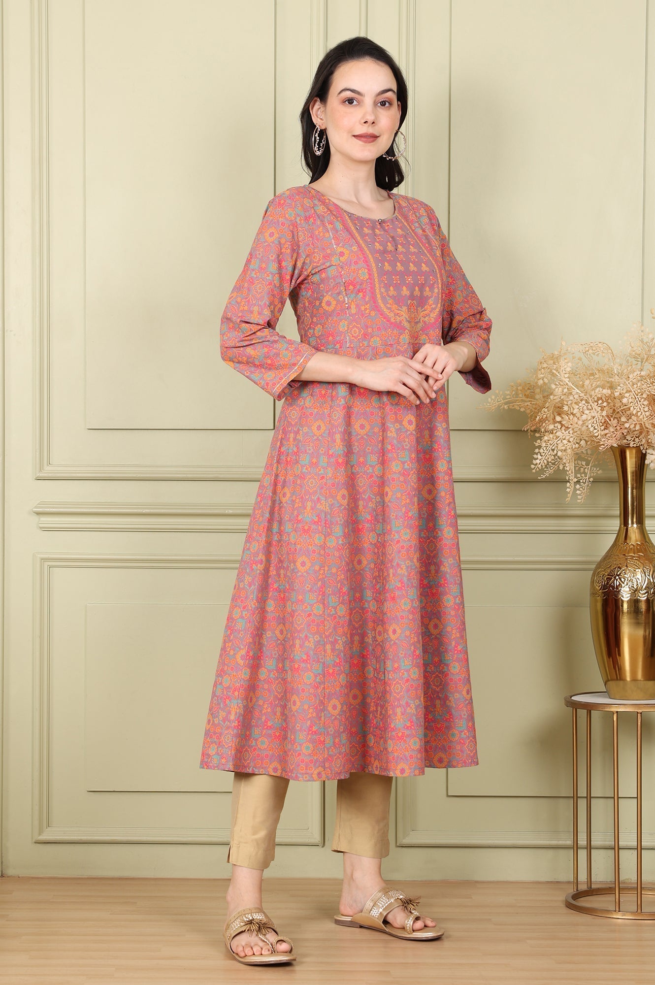 W for Woman Magenta Floral Printed Pure Cotton Flared Kurta With Sequin Detail