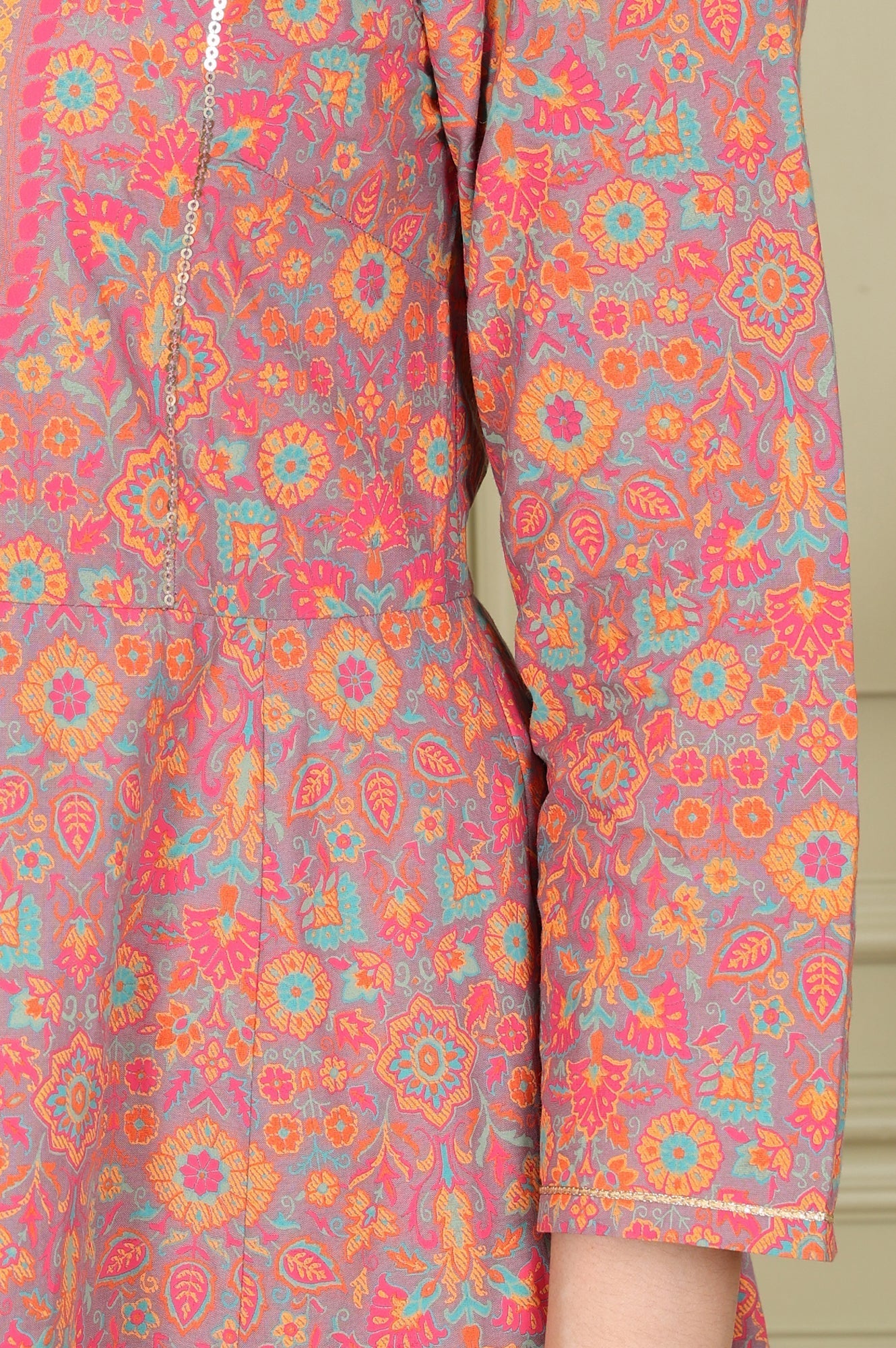 W for Woman Magenta Floral Printed Pure Cotton Flared Kurta With Sequin Detail