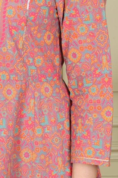 W for Woman Magenta Floral Printed Pure Cotton Flared Kurta With Sequin Detail