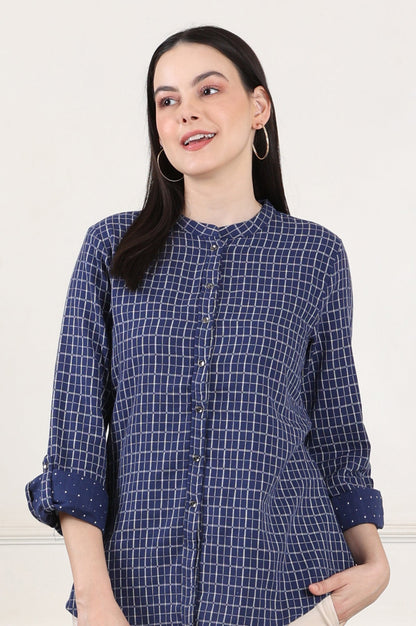 W for Woman Blue Check Printed Pure Cotton Western Top