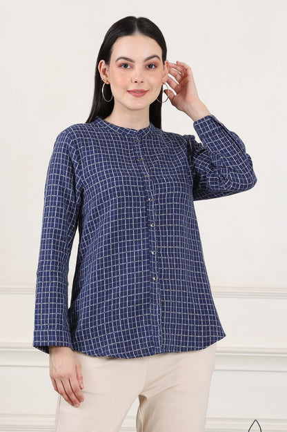 W for Woman Blue Check Printed Pure Cotton Western Top