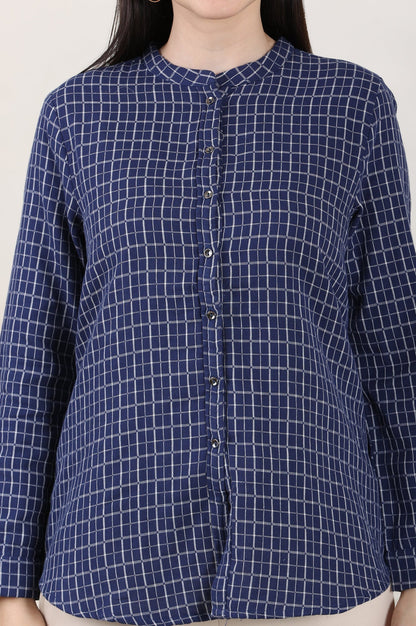 W for Woman Blue Check Printed Pure Cotton Western Top