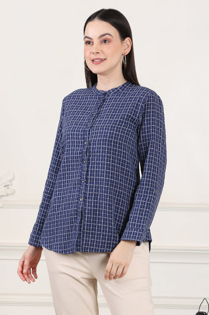 W for Woman Blue Check Printed Pure Cotton Western Top
