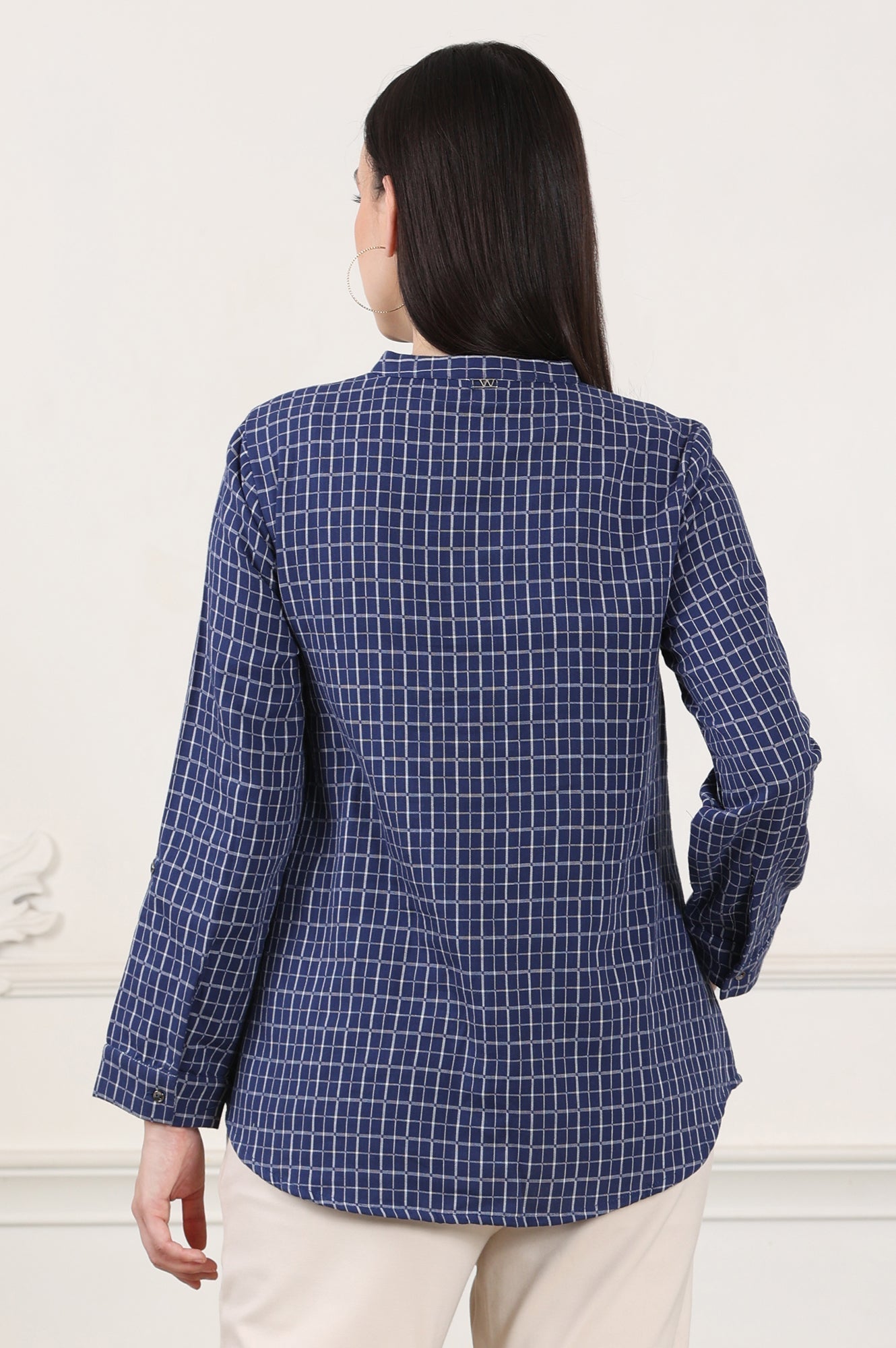 W for Woman Blue Check Printed Pure Cotton Western Top