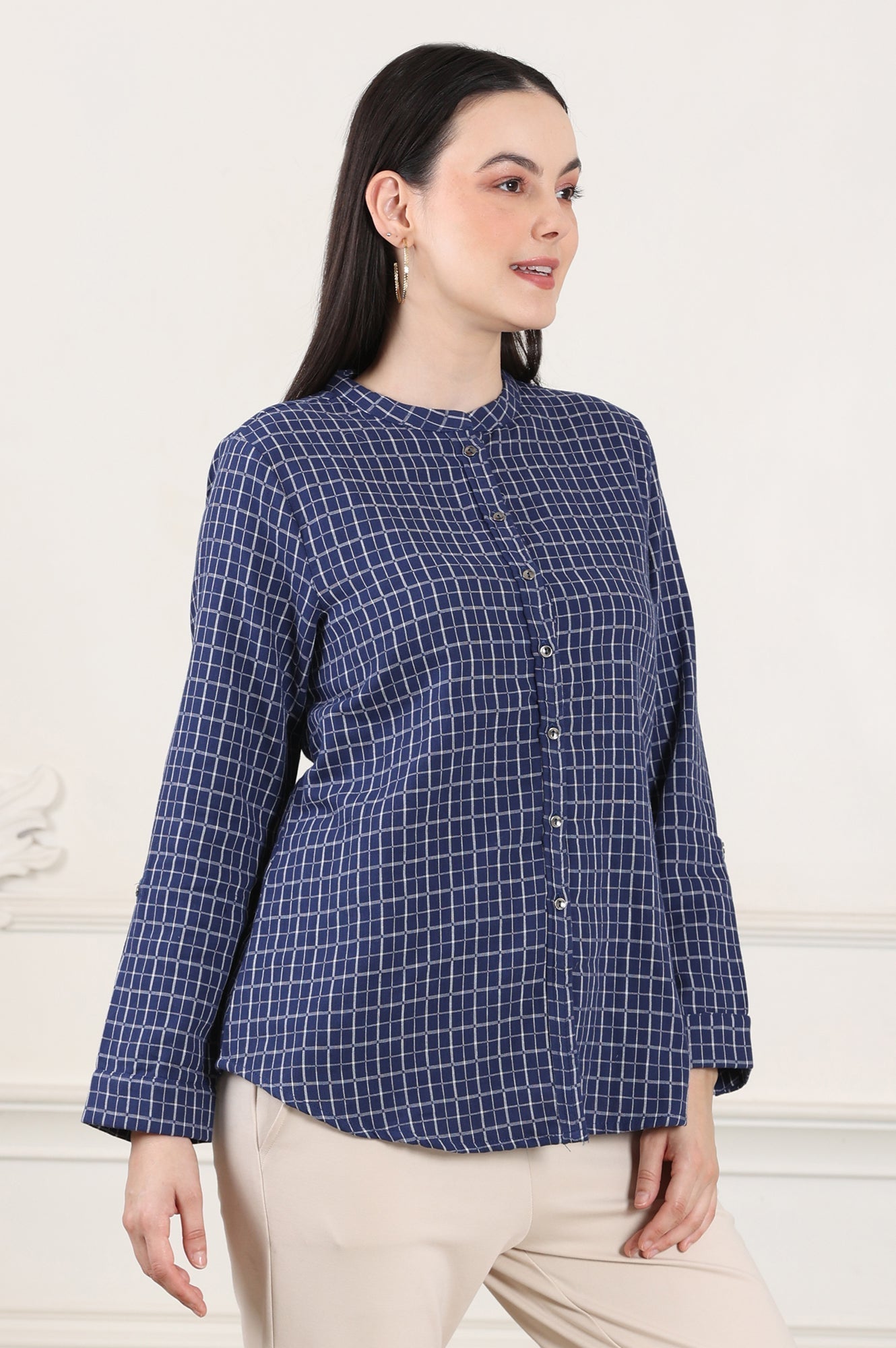 W for Woman Blue Check Printed Pure Cotton Western Top
