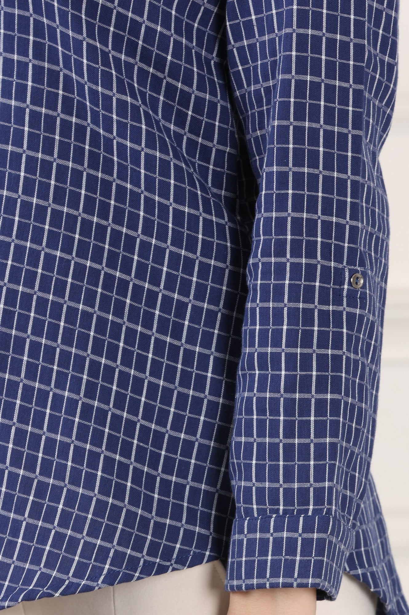 W for Woman Blue Check Printed Pure Cotton Western Top
