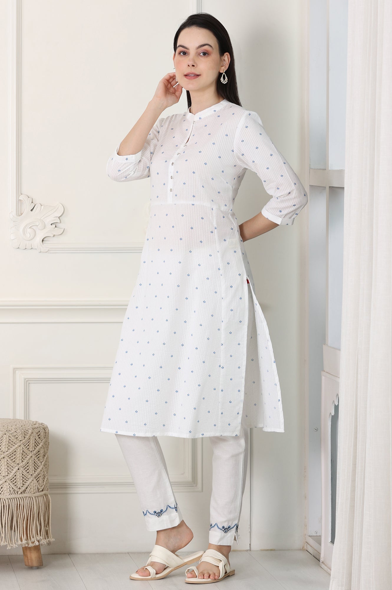W for Woman White Printed Pure Cotton Soft & Breathable Straight Kurta