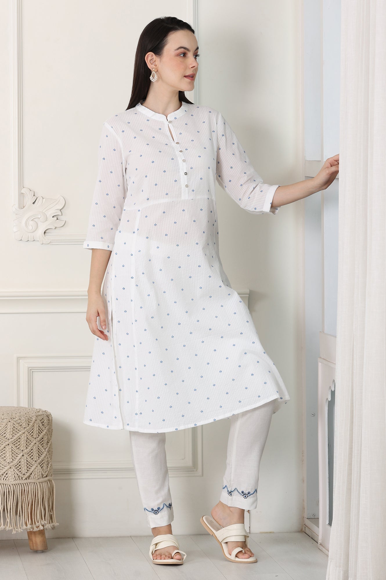 W for Woman White Printed Pure Cotton Soft & Breathable Straight Kurta
