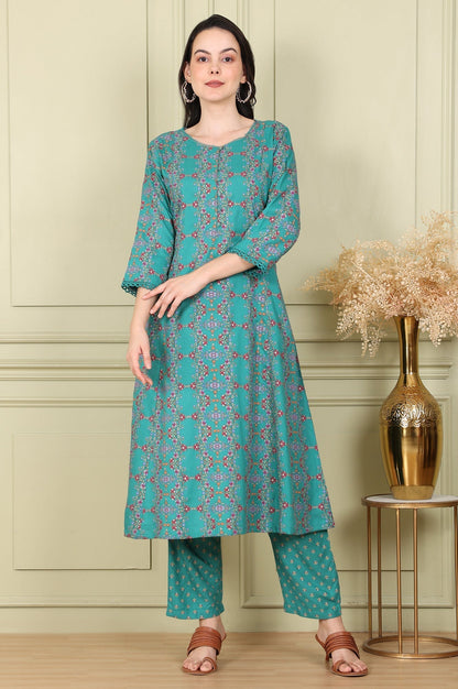 W for Woman Blue Floral Printed Flared Rayon Kurta With Lace