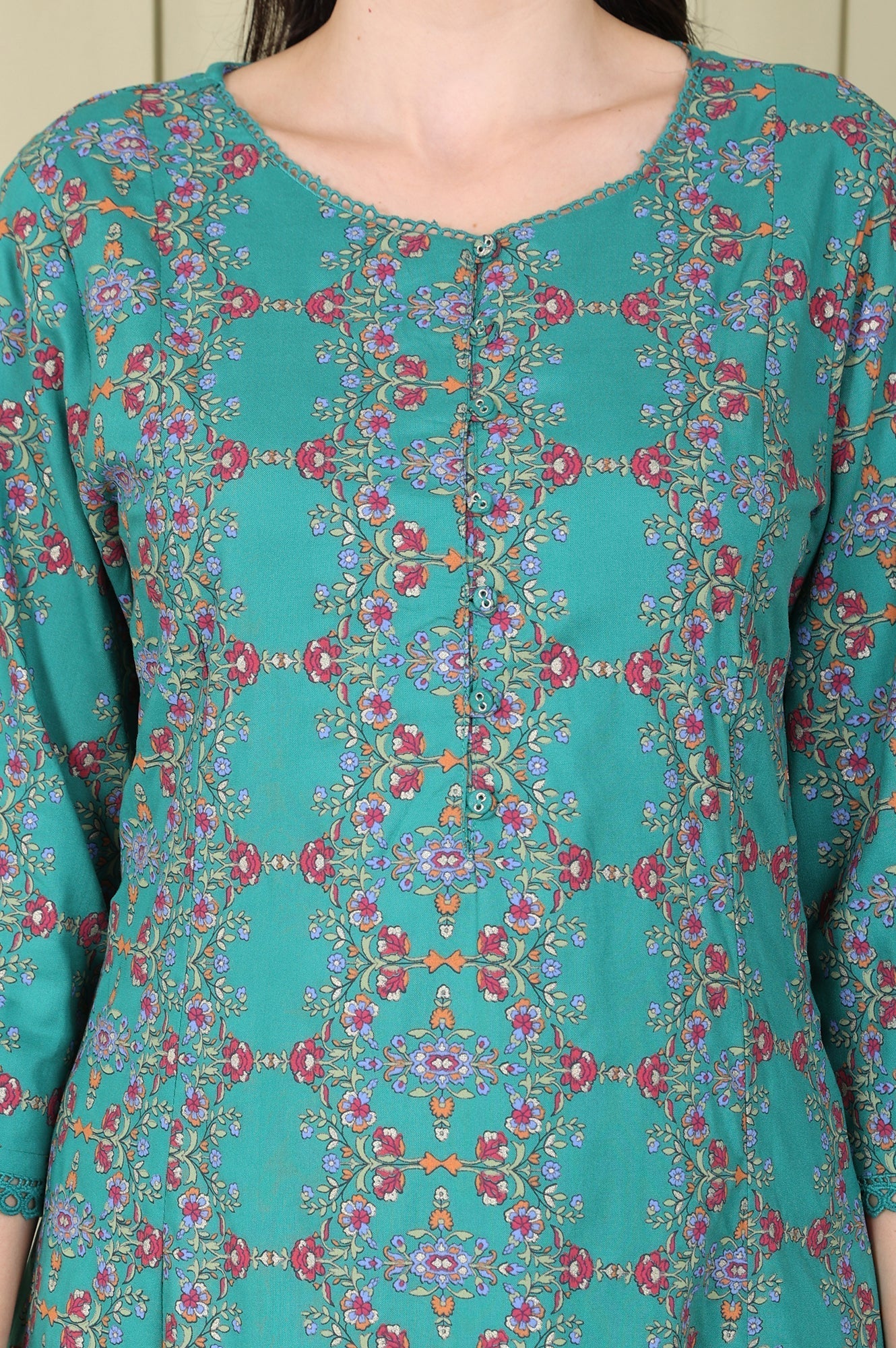 W for Woman Blue Floral Printed Flared Rayon Kurta With Lace