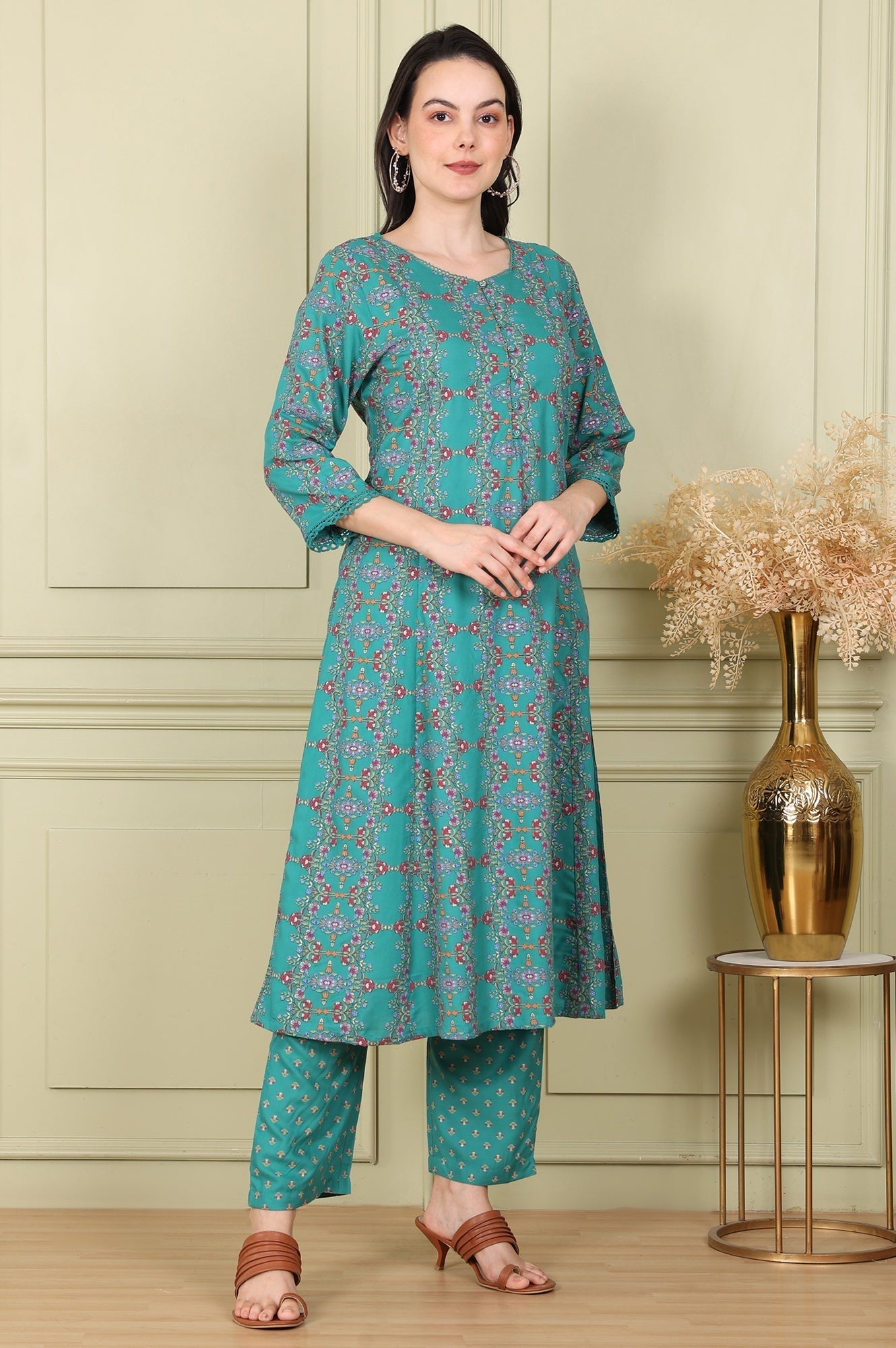 W for Woman Blue Floral Printed Flared Rayon Kurta With Lace