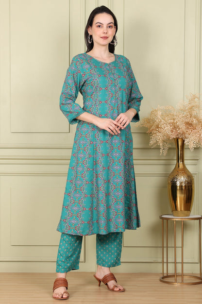 W for Woman Blue Floral Printed Flared Rayon Kurta With Lace