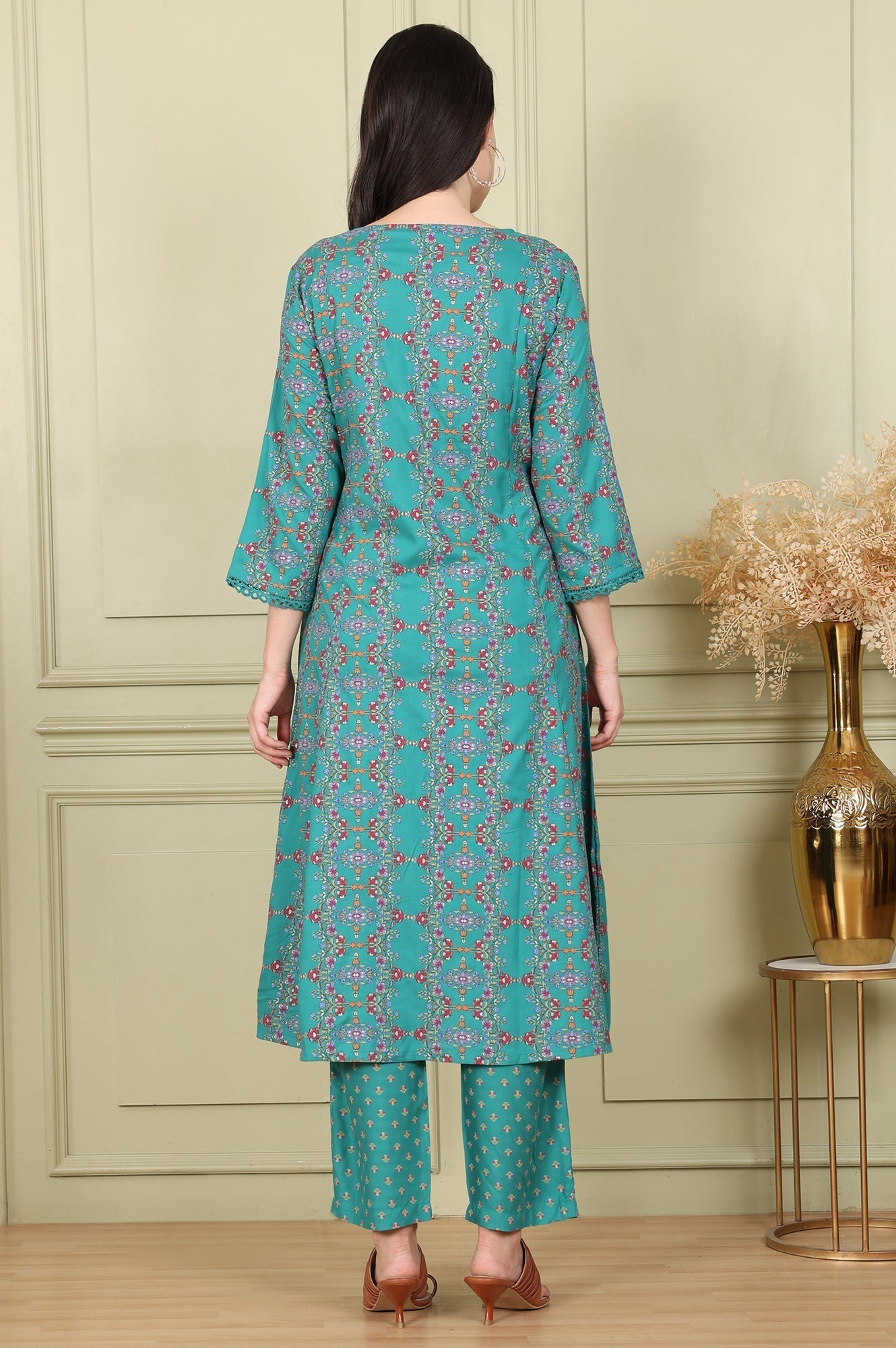 W for Woman Blue Floral Printed Flared Rayon Kurta With Lace