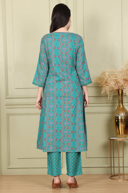 W for Woman Blue Floral Printed Flared Rayon Kurta With Lace