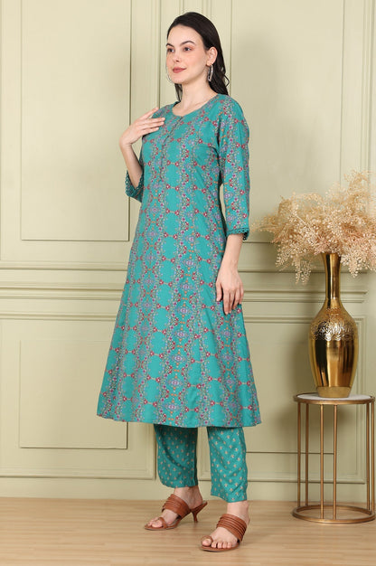 W for Woman Blue Floral Printed Flared Rayon Kurta With Lace