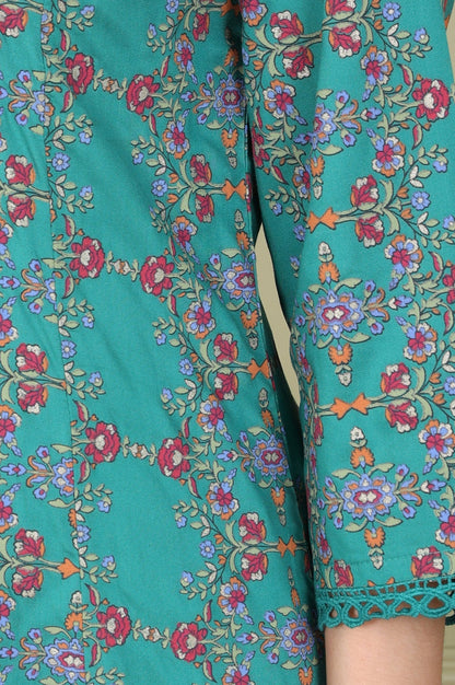 W for Woman Blue Floral Printed Flared Rayon Kurta With Lace