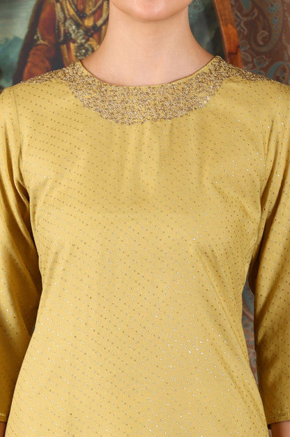 W for Woman Green Glitter Dot Printed Straight Shantung Kurta With Embroidered Neck