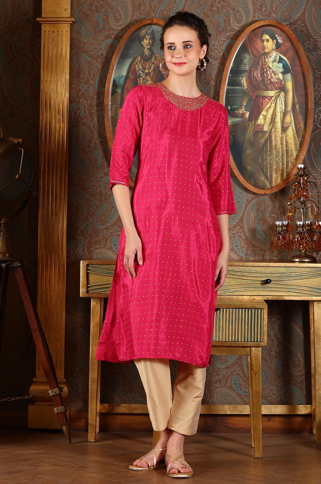 W for Woman Magenta Pink Glitter Dot Printed Straight Shantung Kurta With Embroidered Neck