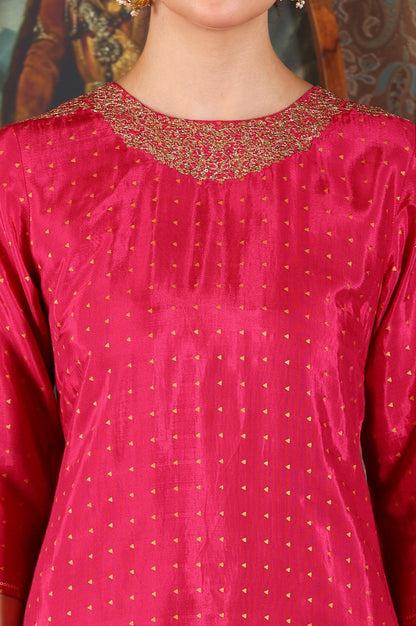 W for Woman Magenta Pink Glitter Dot Printed Straight Shantung Kurta With Embroidered Neck