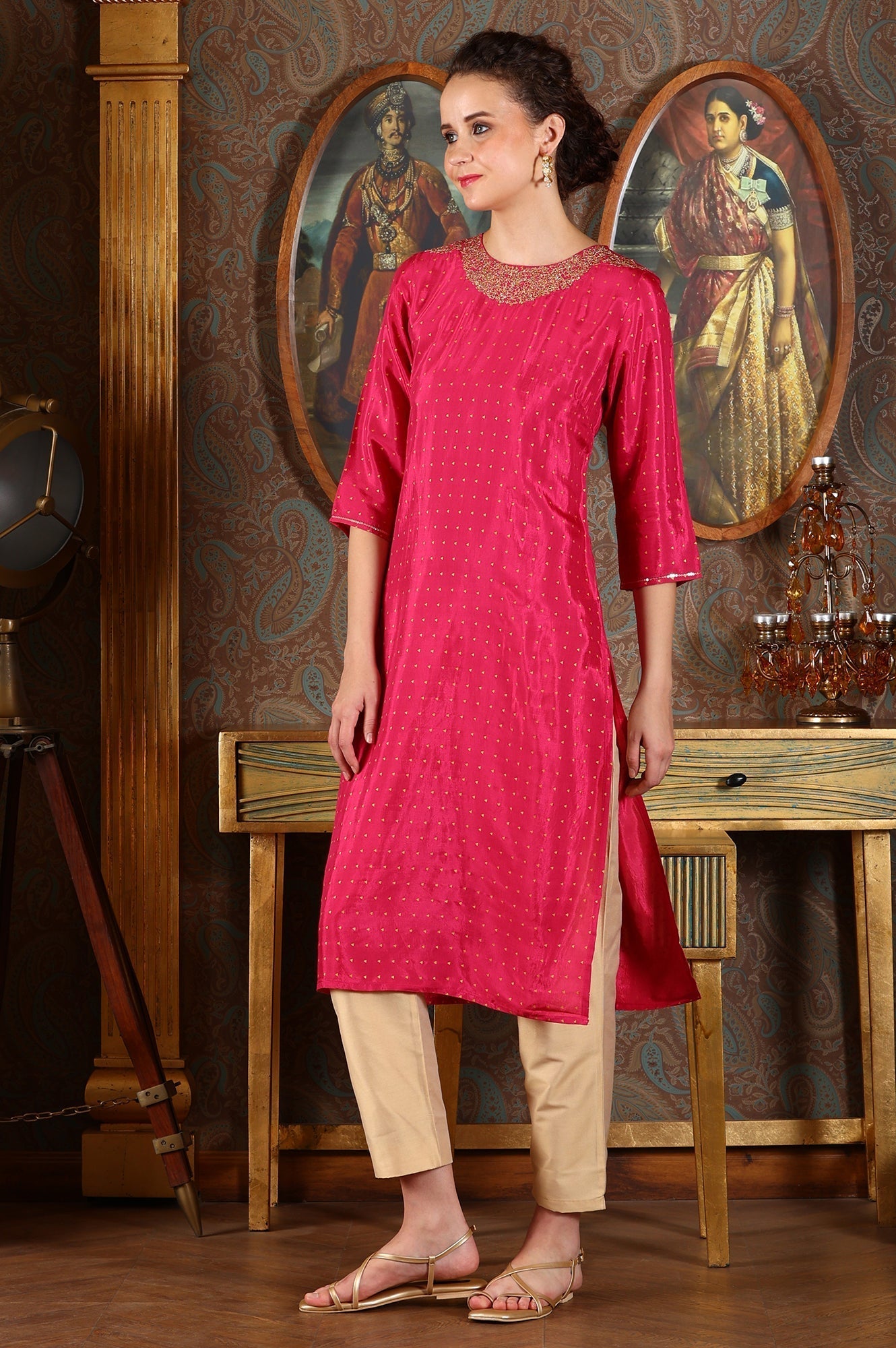 W for Woman Magenta Pink Glitter Dot Printed Straight Shantung Kurta With Embroidered Neck