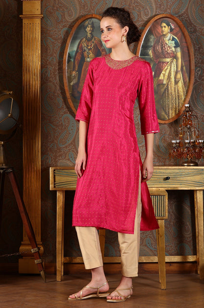 W for Woman Magenta Pink Glitter Dot Printed Straight Shantung Kurta With Embroidered Neck