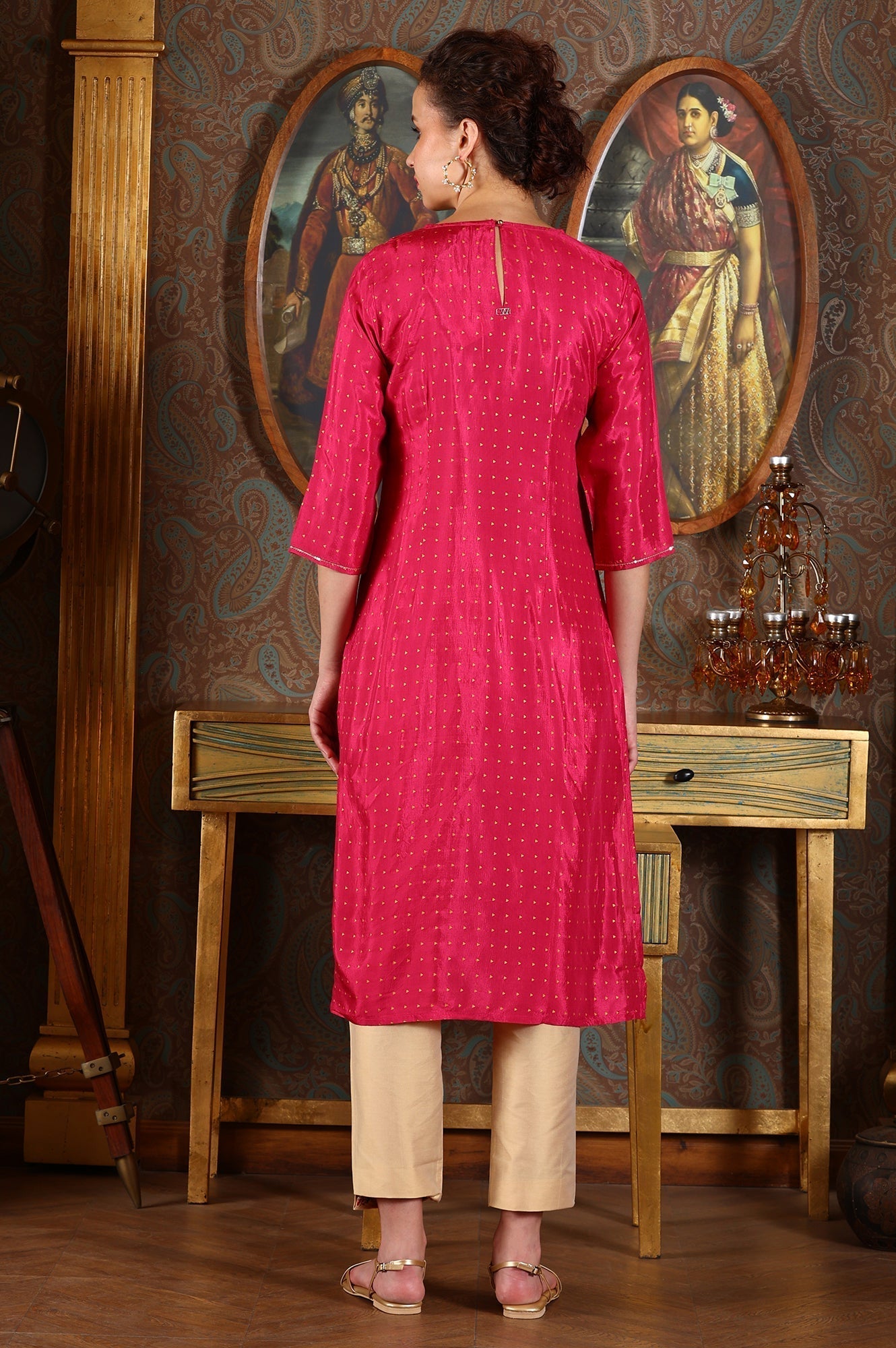 W for Woman Magenta Pink Glitter Dot Printed Straight Shantung Kurta With Embroidered Neck