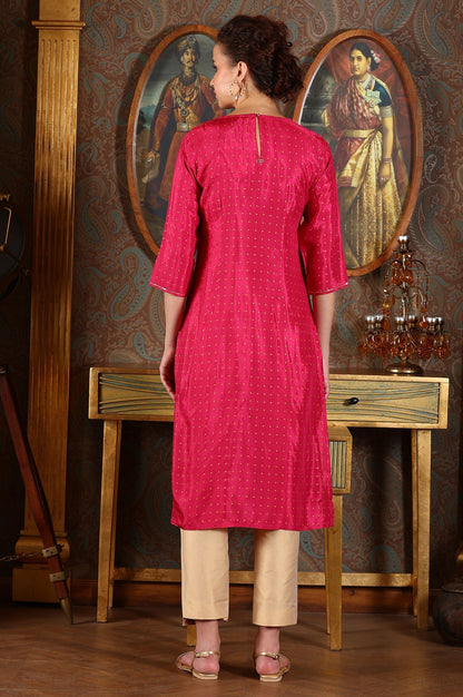W for Woman Magenta Pink Glitter Dot Printed Straight Shantung Kurta With Embroidered Neck