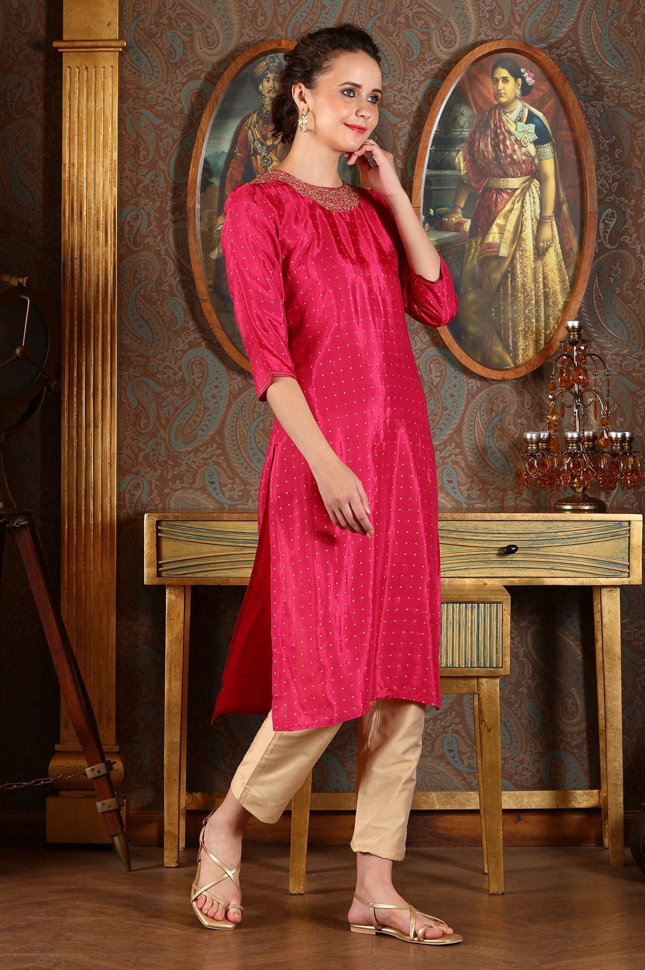 W for Woman Magenta Pink Glitter Dot Printed Straight Shantung Kurta With Embroidered Neck