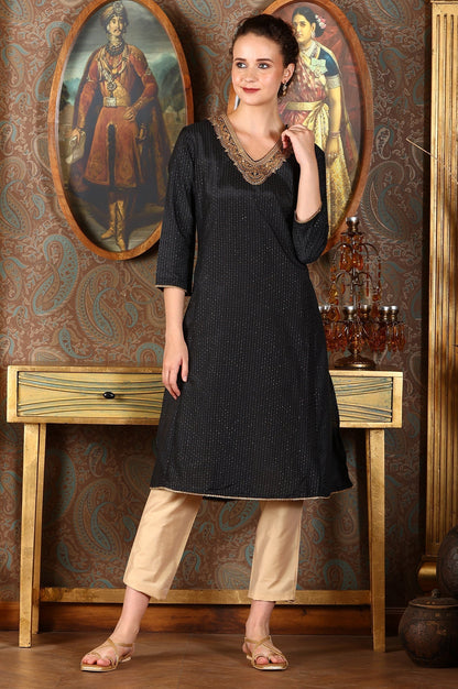 W for Woman Black Glitter Printed Shantung Kurta With Metallic Embroidery