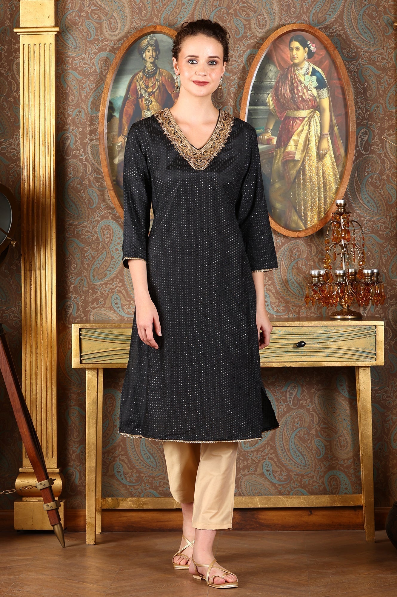 W for Woman Black Glitter Printed Shantung Kurta With Metallic Embroidery