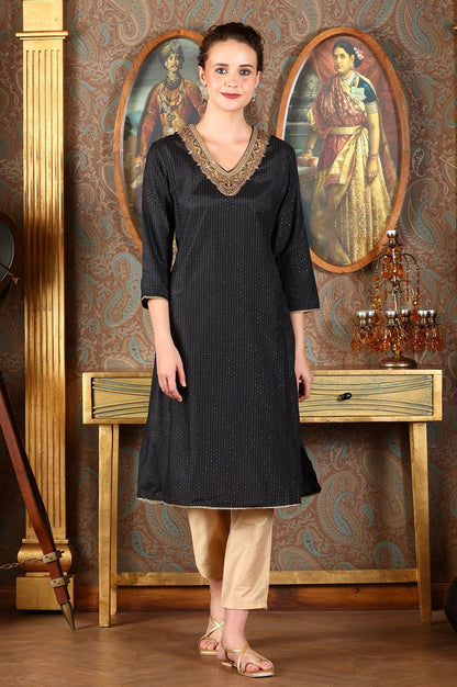 W for Woman Black Glitter Printed Shantung Kurta With Metallic Embroidery