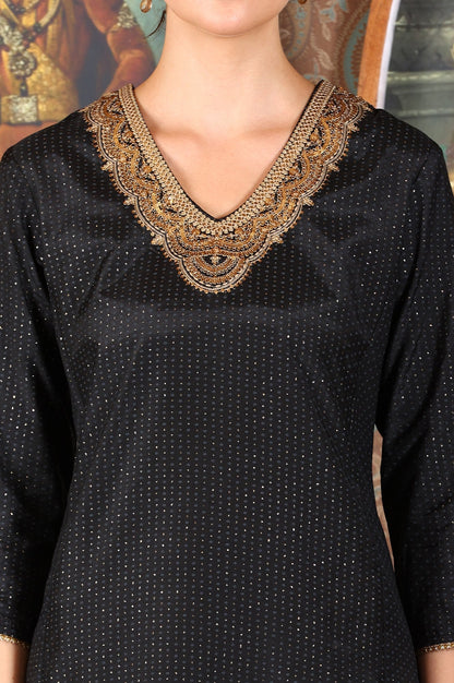 W for Woman Black Glitter Printed Shantung Kurta With Metallic Embroidery