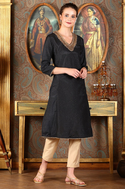 W for Woman Black Glitter Printed Shantung Kurta With Metallic Embroidery