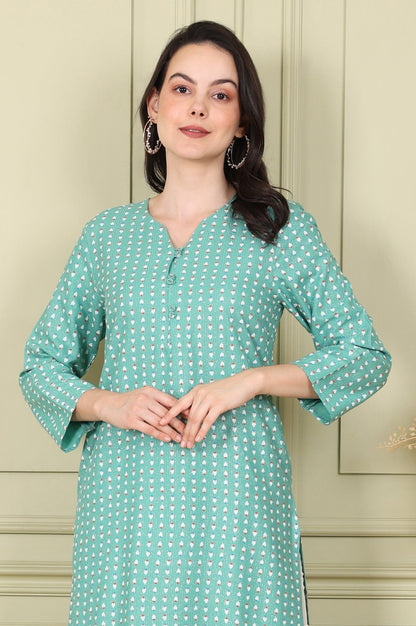 W for Woman Green Glitter Geometric Printed Rayon Straight Kurta