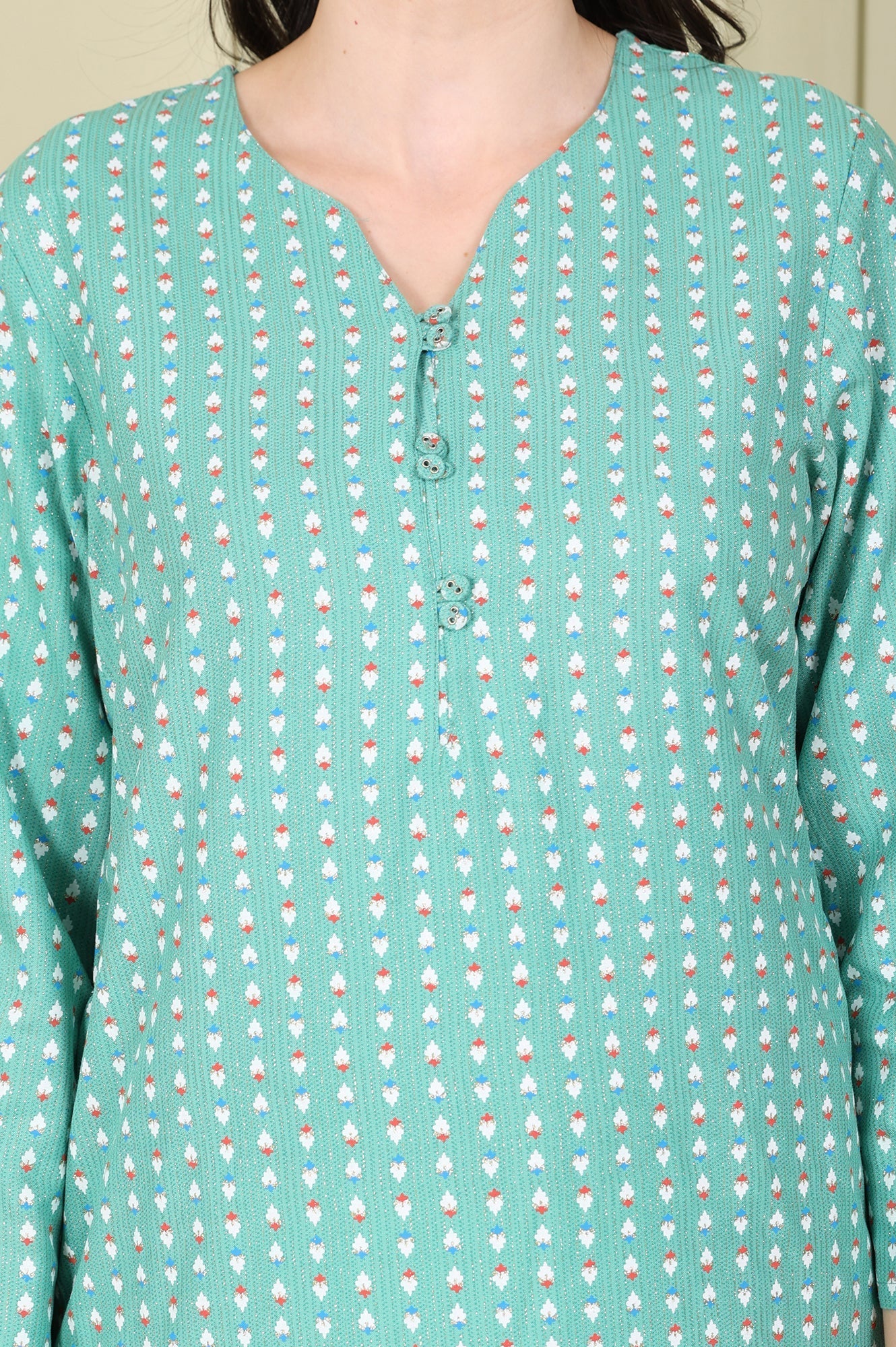 W for Woman Green Glitter Geometric Printed Rayon Straight Kurta