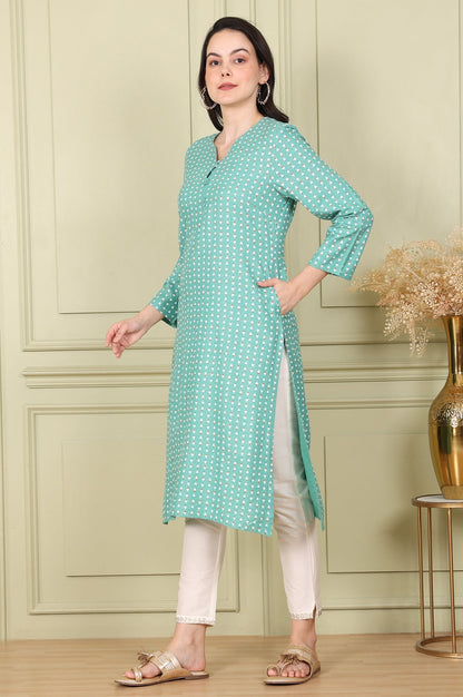 W for Woman Green Glitter Geometric Printed Rayon Straight Kurta